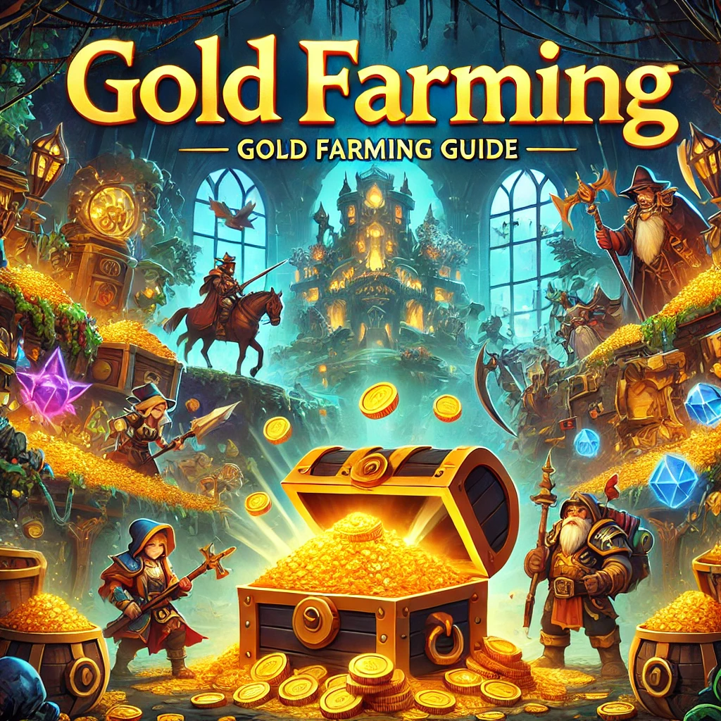 DALL·E 2024-10-06 20.10.41 - An engaging and dynamic cover image for a gold farming guide in a fantasy-themed game,