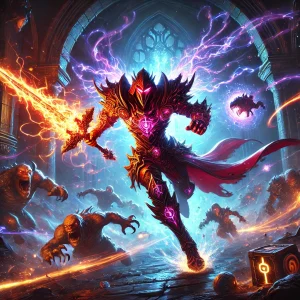 themed-illustration-showcasing-a-powerful-character-dashing-through-a-dark-dungeon-surrounded-by-glowing-enemies-and-loot