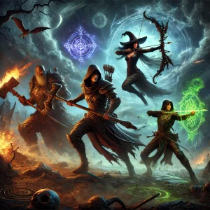 A-dynamic-scene-from-Path-of-Exile-2-showcasing-multiple-character-classes-including-a-Marauder-Witch-and-Ranger