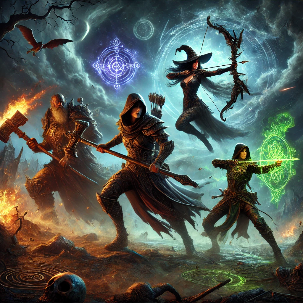 A-dynamic-scene-from-Path-of-Exile-2-showcasing-multiple-character-classes-including-a-Marauder-Witch-and-Ranger