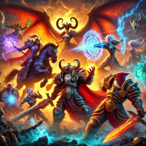 An-epic-fantasy-battle-scene-inspired-by-World-of-Warcraft-Classic-showcasing-iconic-DPS-classes-like-a-mighty-Warrior-spellcasting-Mage-and-stealt.