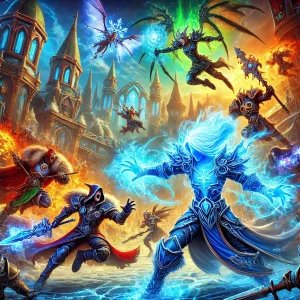 A-dynamic-and-immersive-World-of-Warcraft-PvP-battle-scene-showcasing-various-iconic-characters-in-intense-combat.-The-characters-include-a-Frost-Mage