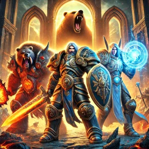 An-epic-fantasy-illustration-showcasing-three-tanking-classes-from-World-of-Warcraft-Classic-Warrior-Druid-Paladin.-The-Warrior-is-clad-in-imposin