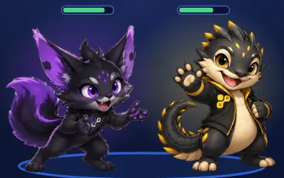 The fox and our dragon booster stand together in one party: you play side by side in a group.